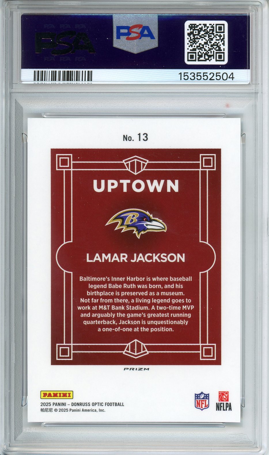 2025 Donruss Optic Lamar Jackson Uptown #13 PSA 9 MINT