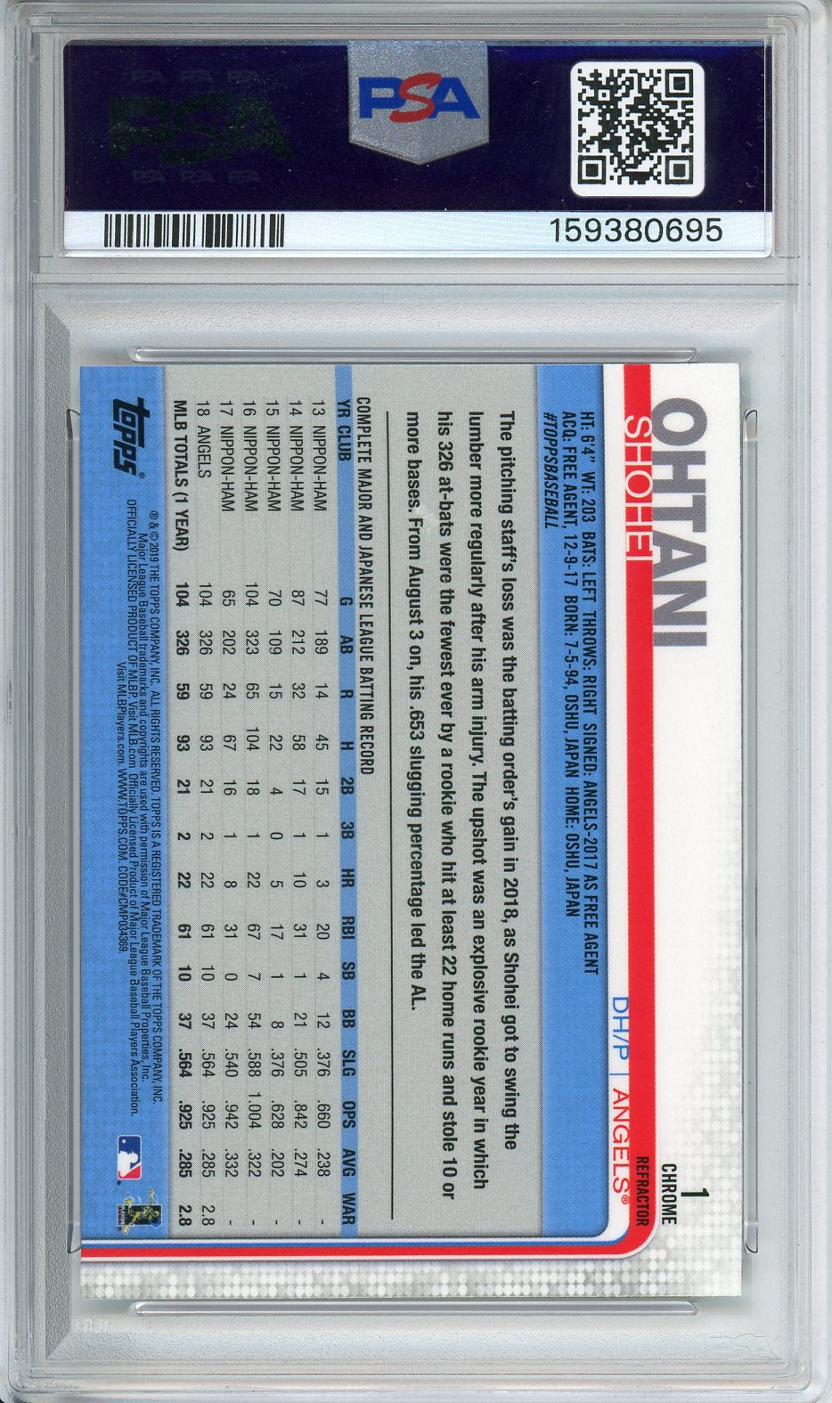 2019 Topps Chrome Shohei Ohtani Refractor #1 PSA 10