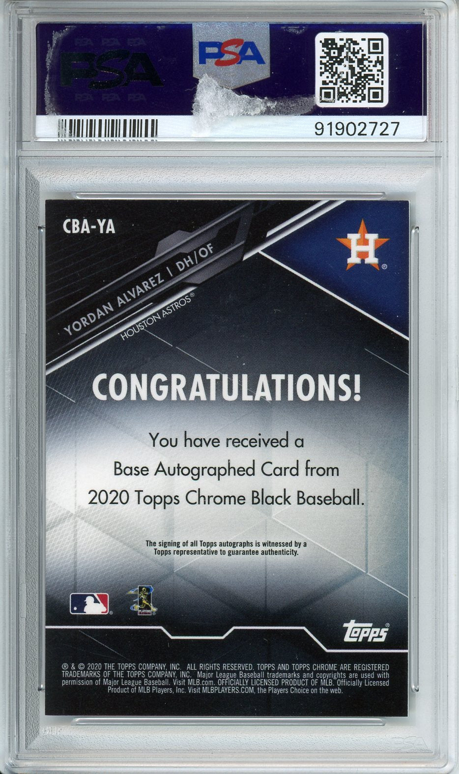 2020 Topps Chrome Black Yordan Alvarez Autographs - Green REF. #YA PSA 10
