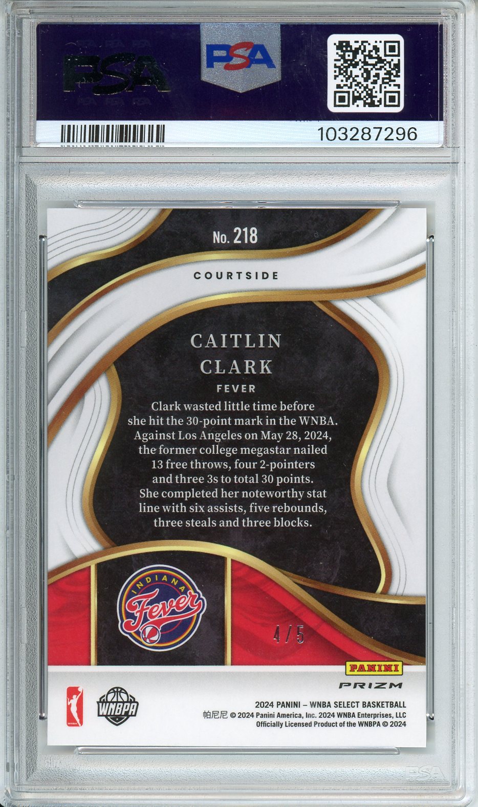 2024 Select WNBA Caitlin Clark Black Gold Prizm #218 PSA 10