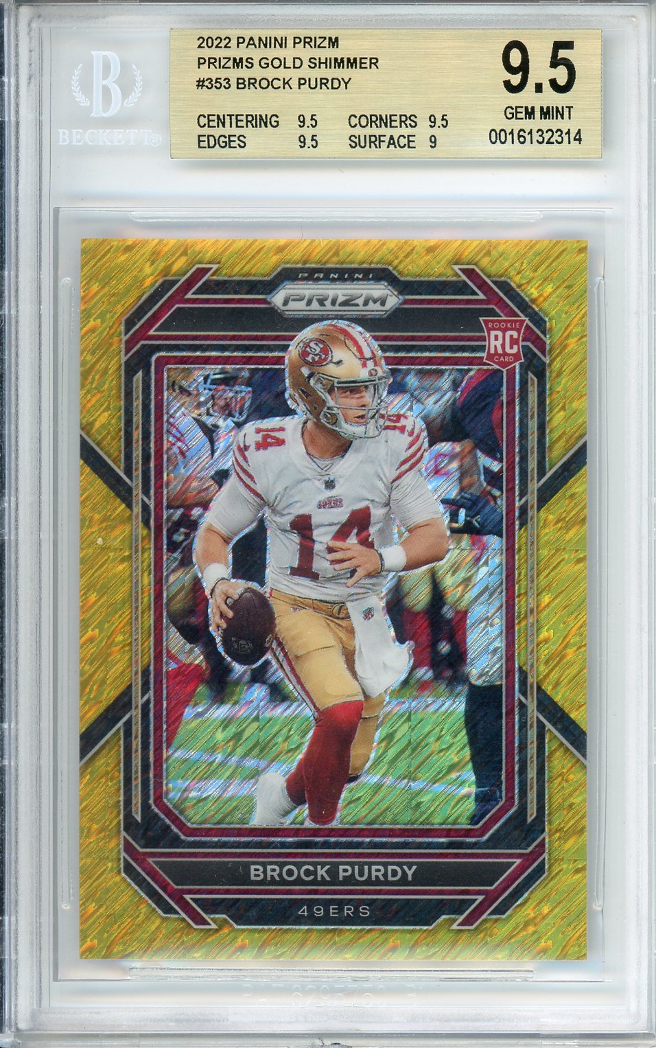 2022 Panini Prizm Brock Purdy Gold Shimmer /10 Rookie #353 Beckett 9.5 Gem Mint