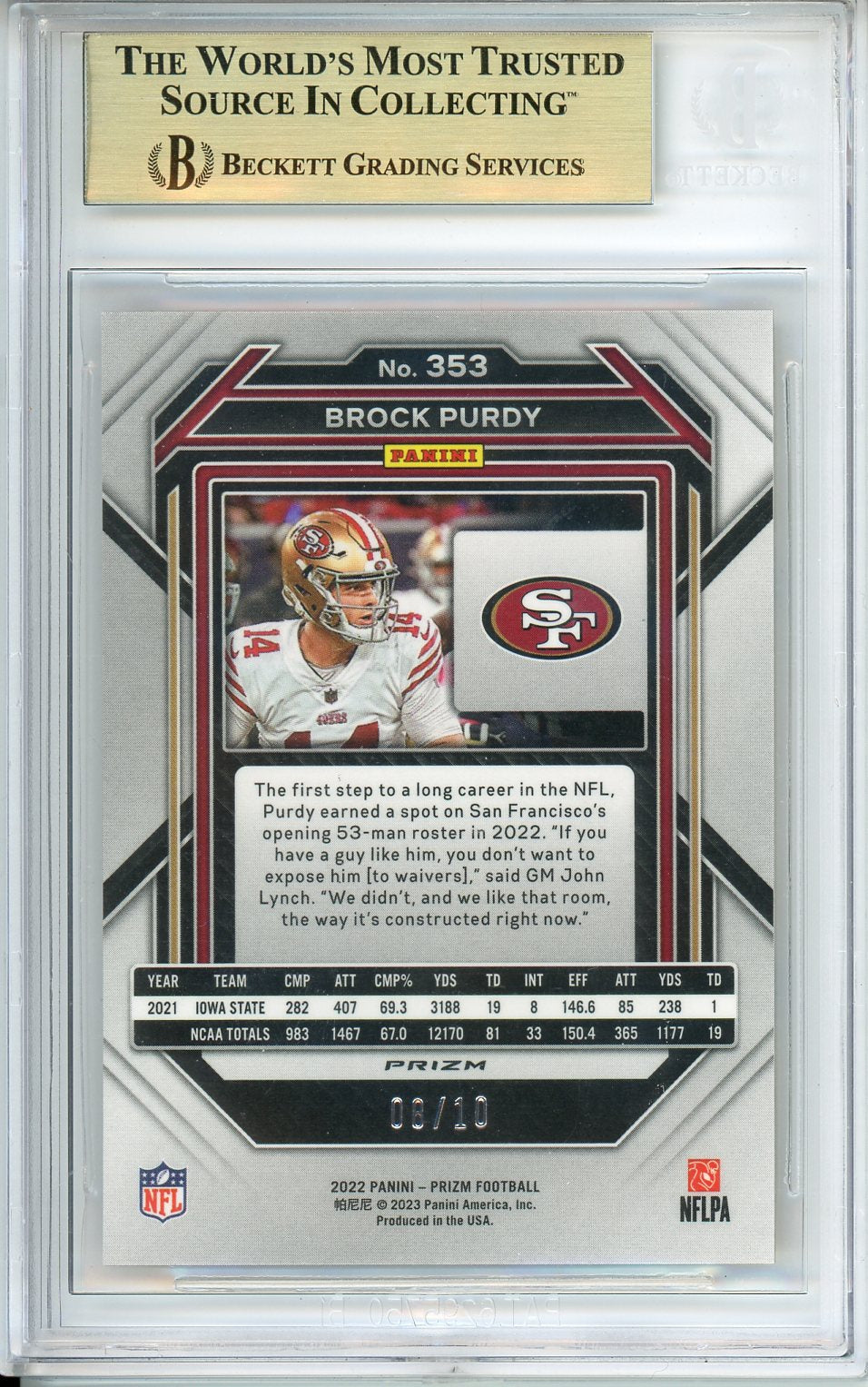 2022 Panini Prizm Brock Purdy Gold Shimmer /10 Rookie #353 Beckett 9.5 Gem Mint