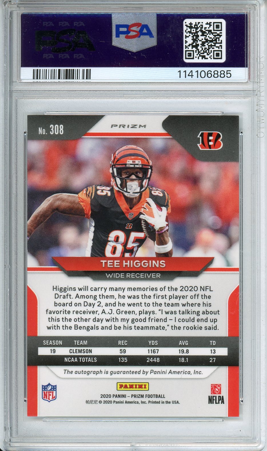 2020 Panini Prizm Tee Higgins Autograph #308 PSA 10