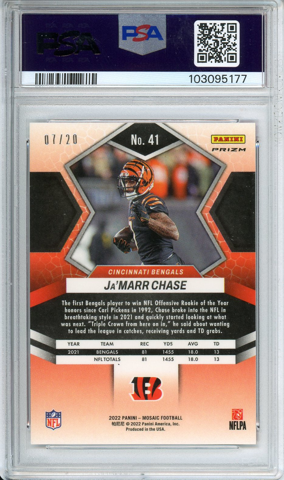 2022 Mosaic Ja'Marr Chase No Huddle Pink #41 PSA 10