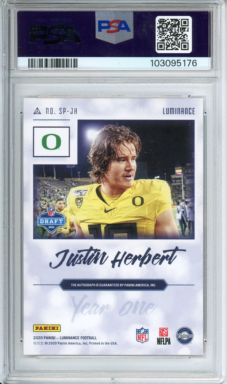 2020 Panini Luminance Justin Herbert YR. 1 SIG.SP P/V-Red Ink #SPJH PSA 9