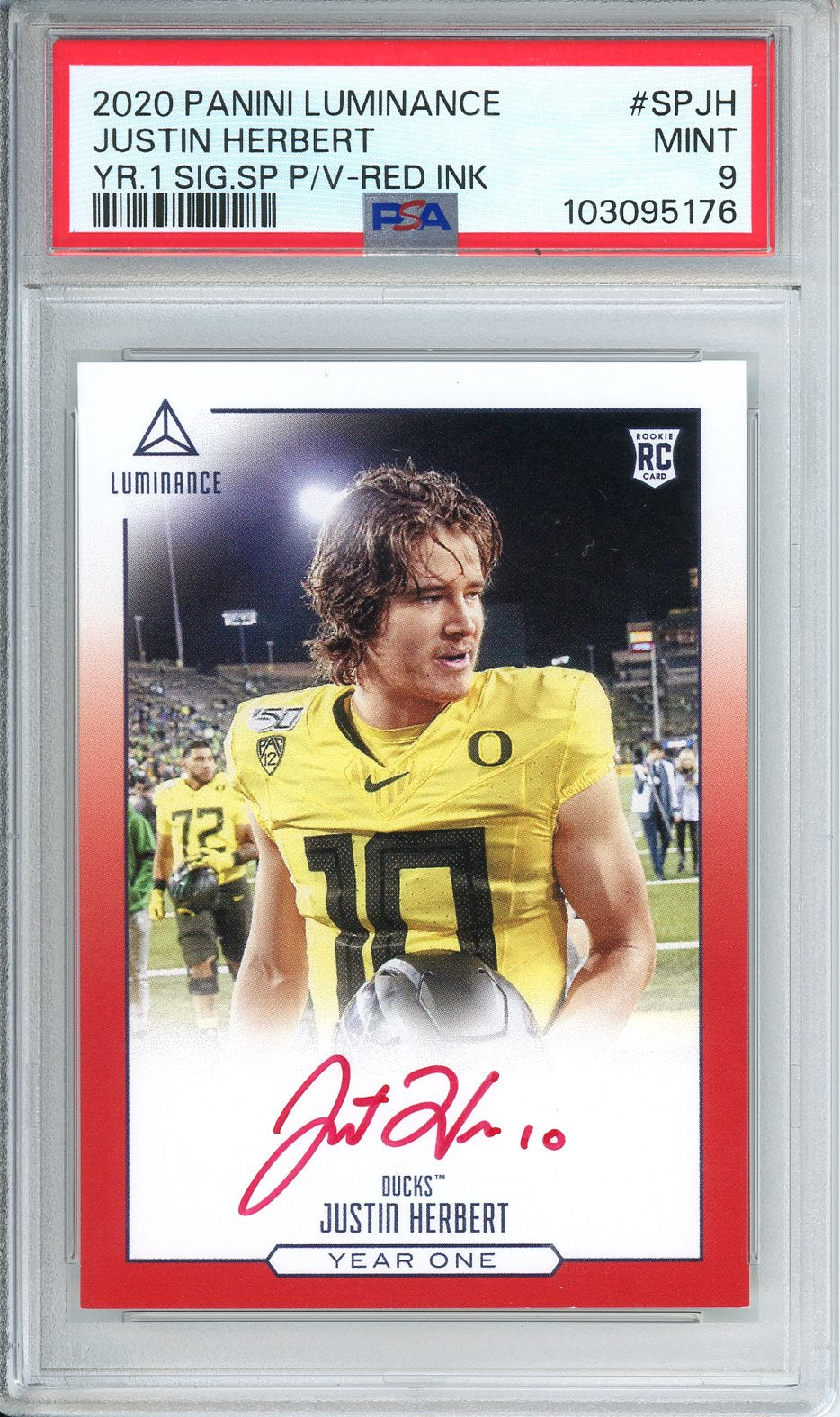 2020 Panini Luminance Justin Herbert YR. 1 SIG.SP P/V-Red Ink #SPJH PSA 9