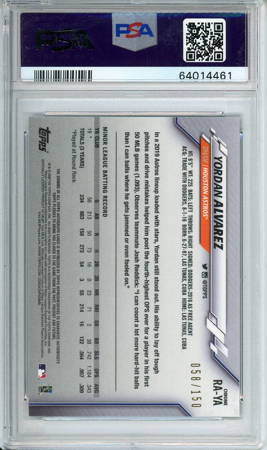 2020 Topps Chrome Yordan Alvarez RKE.AU-Blue WV.REF PSA/DNA Cert #RAYA PSA 9 Auto 10