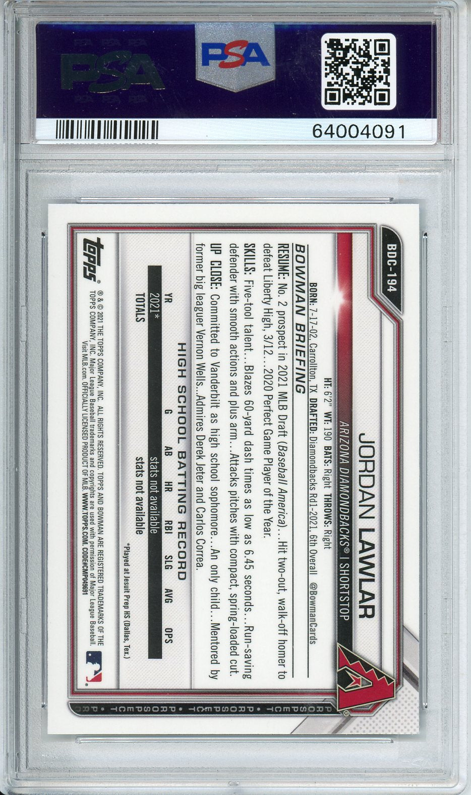 2021 Bowman Draft Jordan Lawlar Chrome Sapphire Edition #BDC194 PSA 10