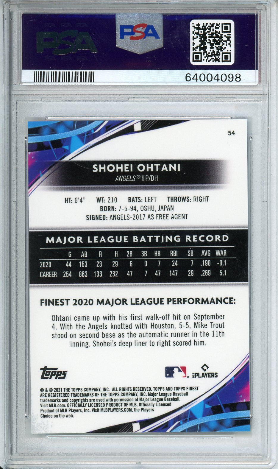 2021 Finest Shohei Ohtani Blue Ref. #54 PSA 10