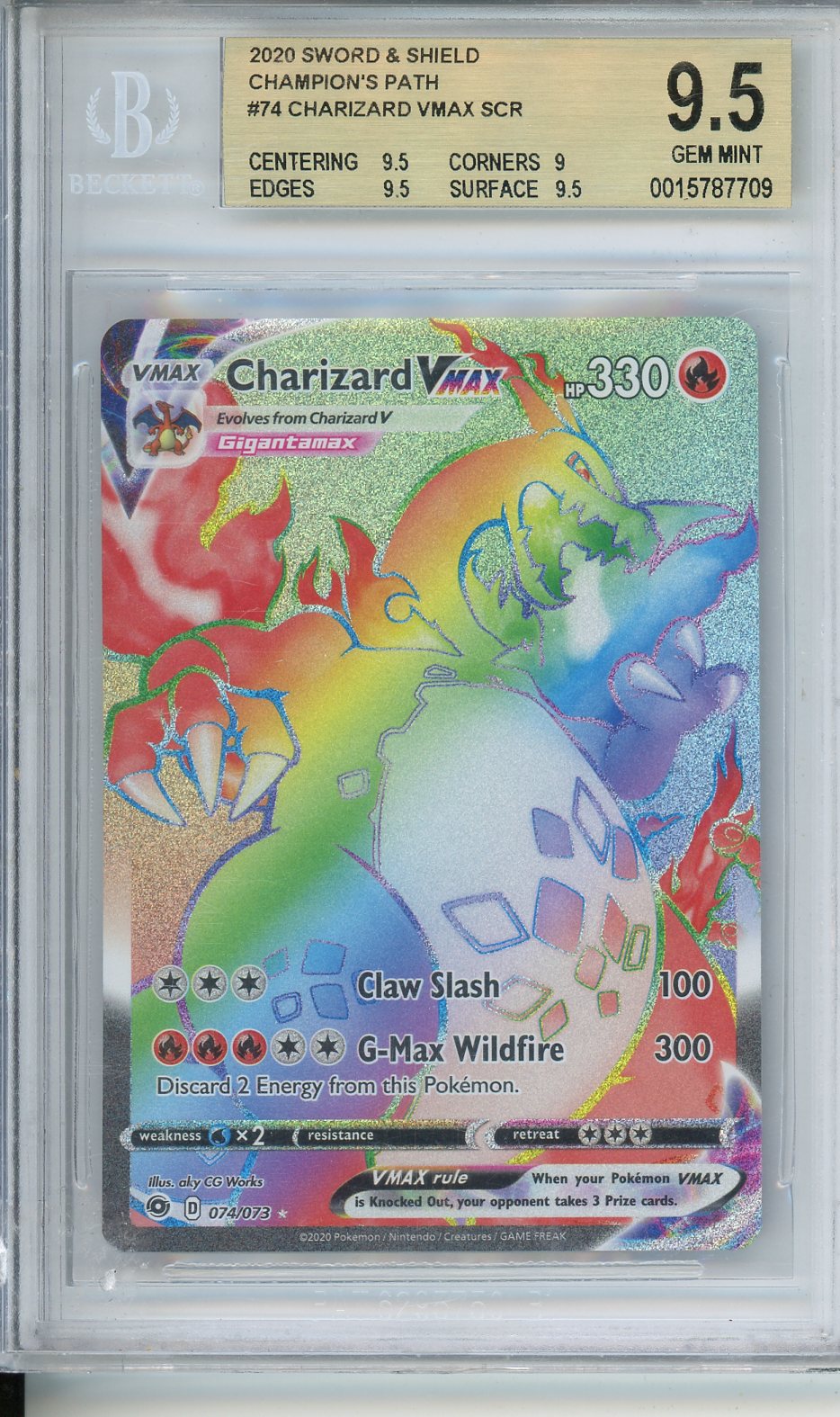 2020 Sword & Shield Champions Path #74 Charizard Vmax SCR Beckett 9.5