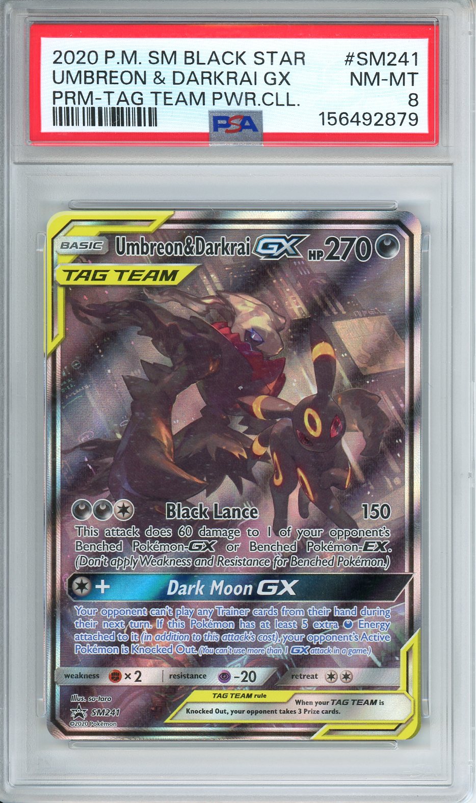 2020 P.M. SM Black Star Umbreon & Darkrai GX PRM-TAG TEAM PWR.CLL. #SM241 PSA 8