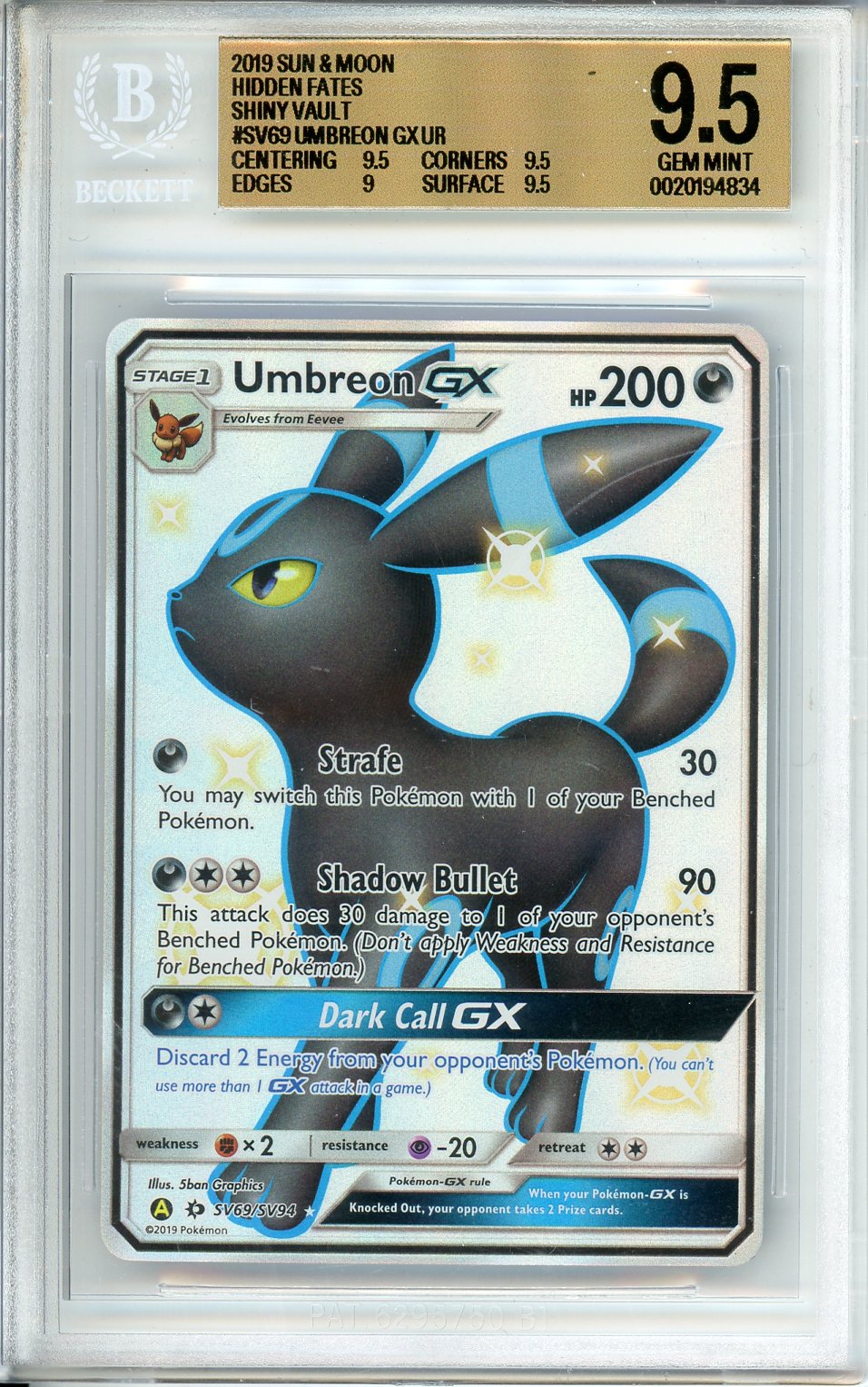 2019 Pokemon Sun Moon Umbreon GX UR Hidden Fates Shiny Vault #SV69 BGS 9.5