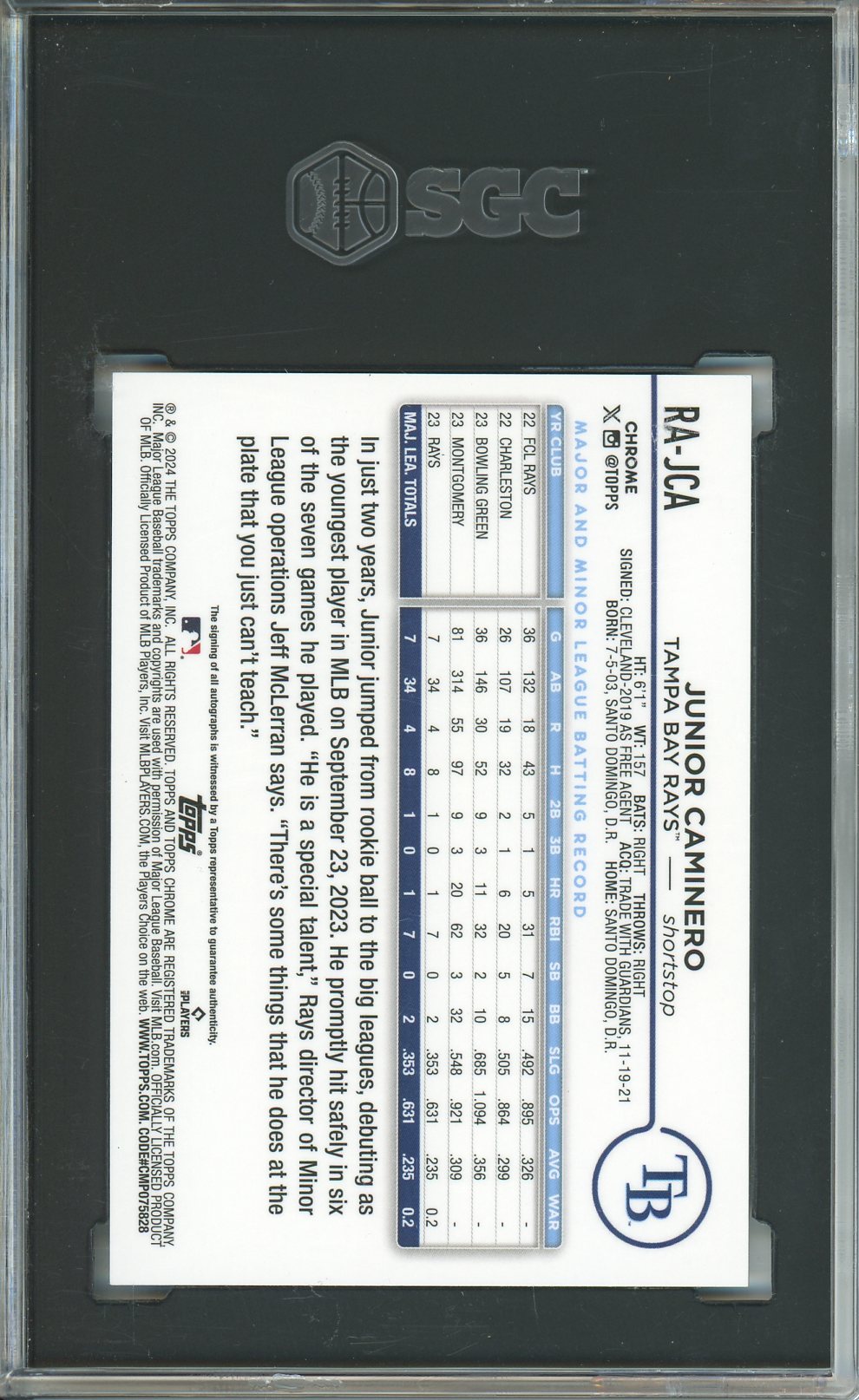 2024 Topps Chrome Junior Caminero Rookie Autograph SGC 9 Auto 10