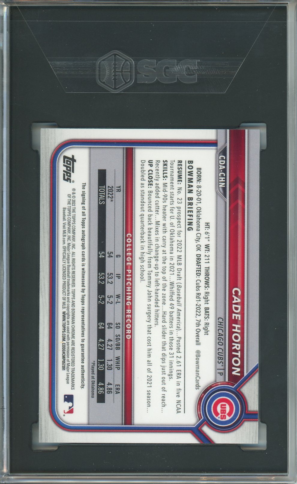 2022 Bowman Draft Cade Horton Chrome Auto 1st Blue Refractor #042/150 SGC 10