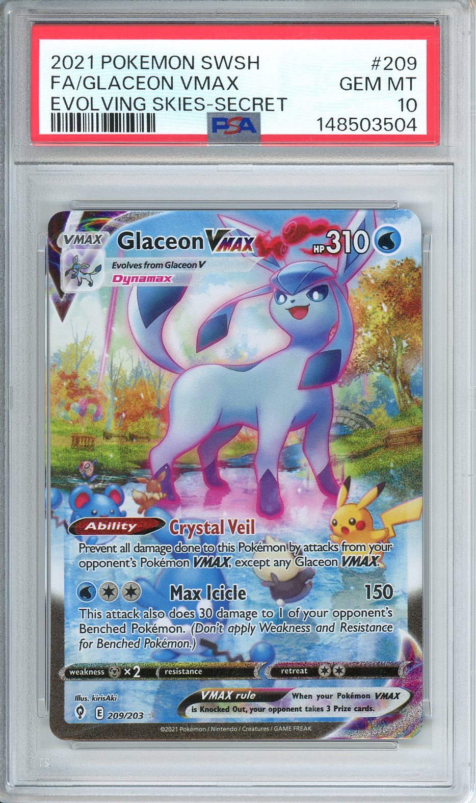 Pokemon SWSH FA/ Glaceon VMax Evolving Skies #209 PSA 10