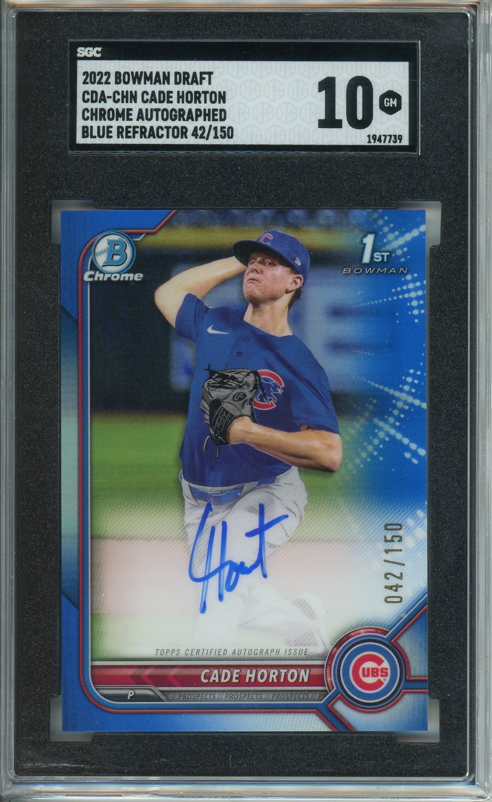 2022 Bowman Draft Cade Horton Chrome Auto 1st Blue Refractor #042/150 SGC 10