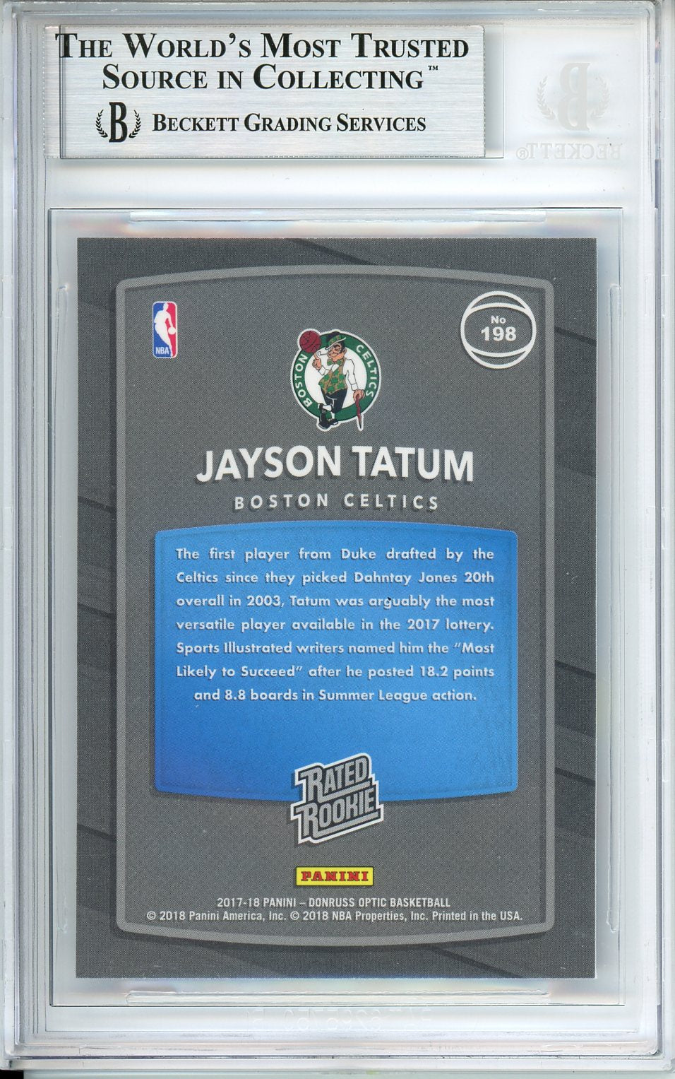 2017-18 Optic Jayson Tatum Rated Rookie Red Yellow Beckett 9