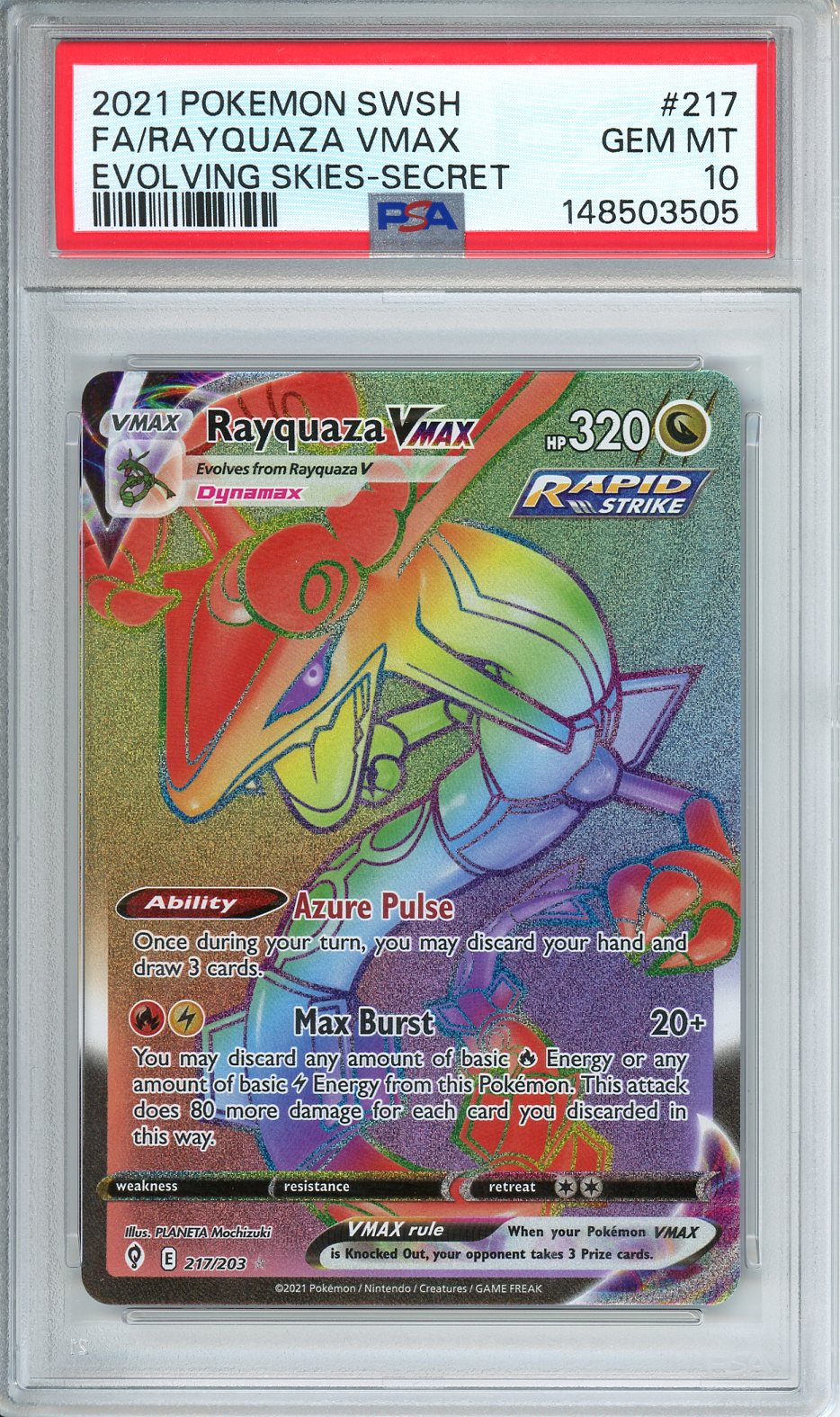 Pokemon SWSH FA/ Rayquaza Vmax Evolving Skies Secret #217 PSA 10