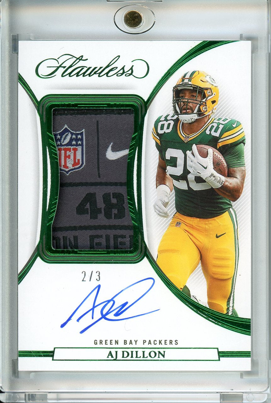 2022 Panini Flawless AJ Dillon #PA-AD Emerald Laundry Tag Patch Auto /3