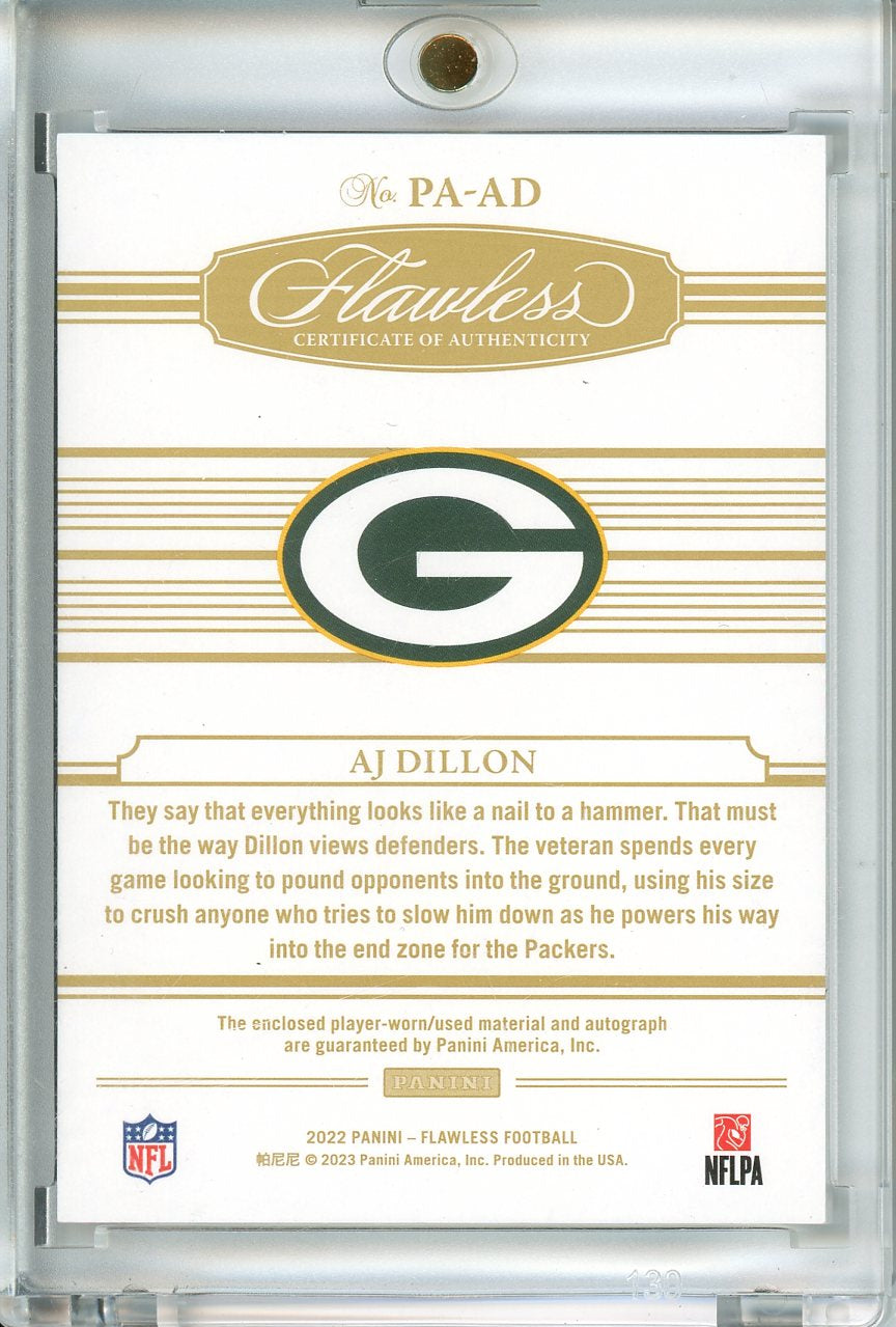 2022 Panini Flawless AJ Dillon #PA-AD Emerald Laundry Tag Patch Auto /3
