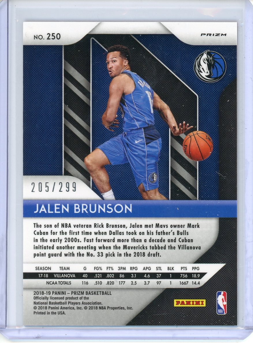 208-19 Panini Prizm Jalen Brunson Red Prizm /299 Rookie No. 250