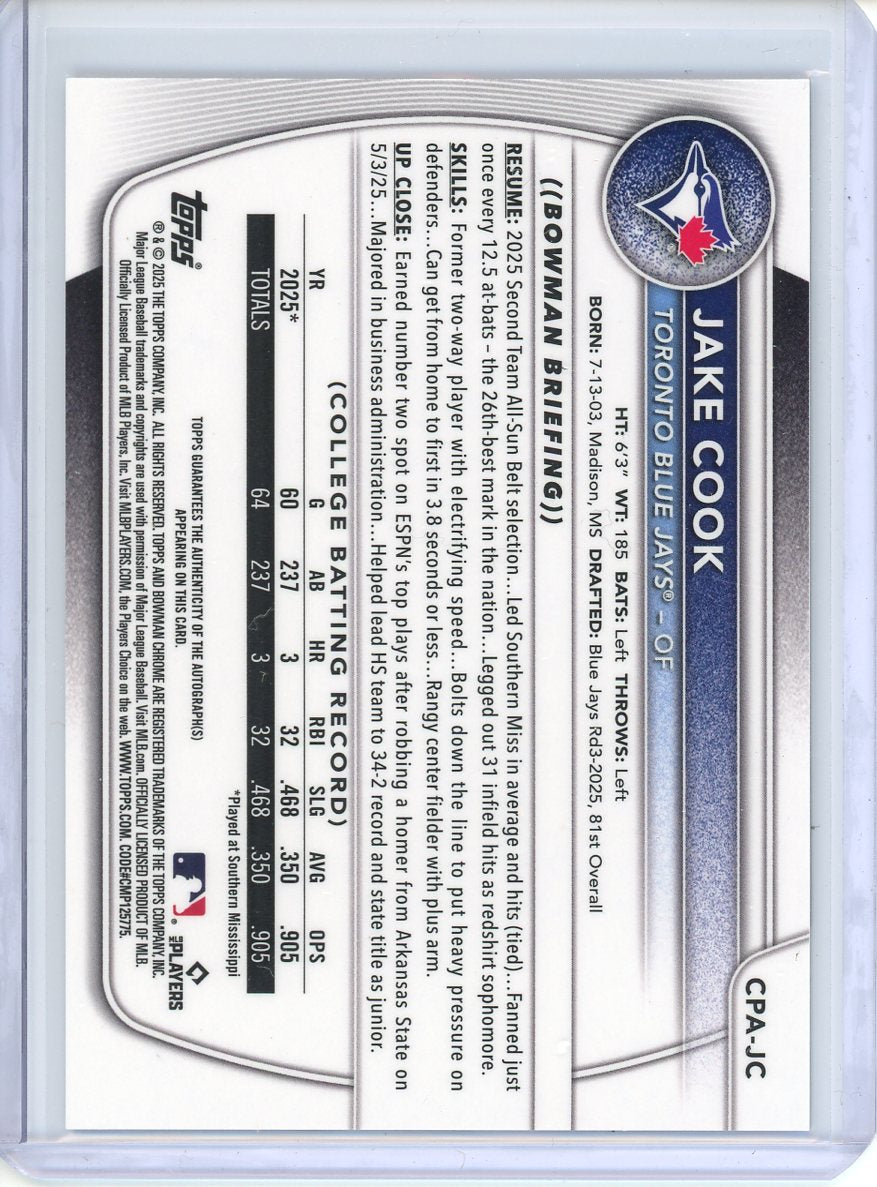 2025 Bowman Draft Jake Cook 1st Bowman #CPA-JC Chrome Auto