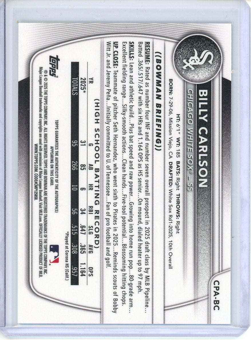 2025 Bowman Draft Chrome Billy Carlson #CPA-BC SP Image Variation Auto /99