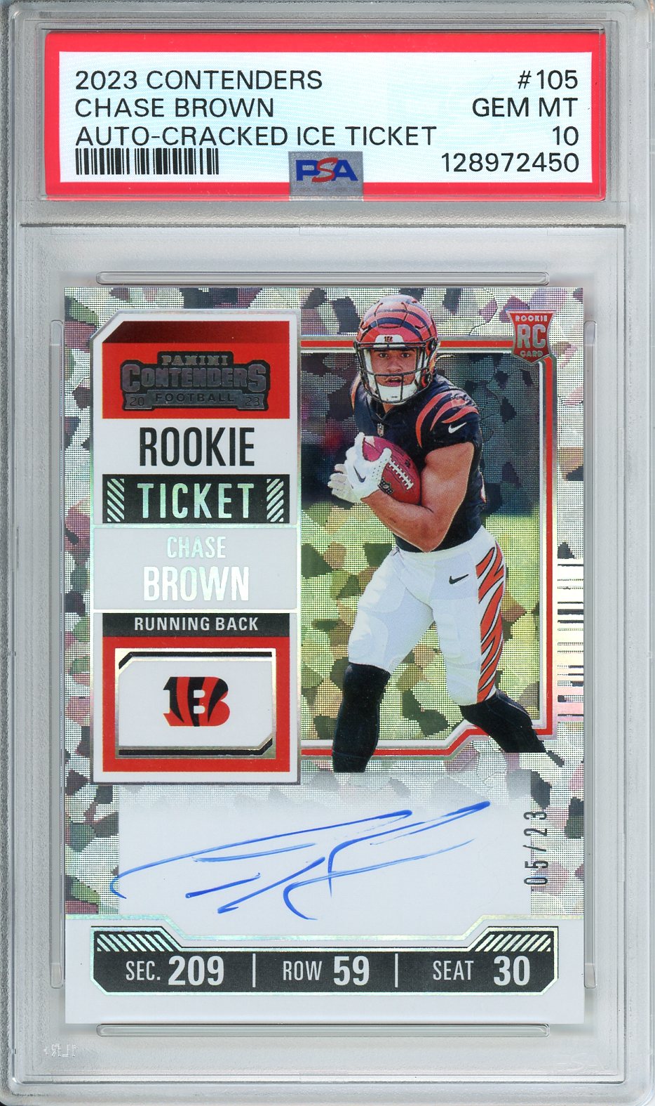 2023 Chase Brown Contenders Football Rookie Ticket Auto Cracked Ice 05/23 PSA 10