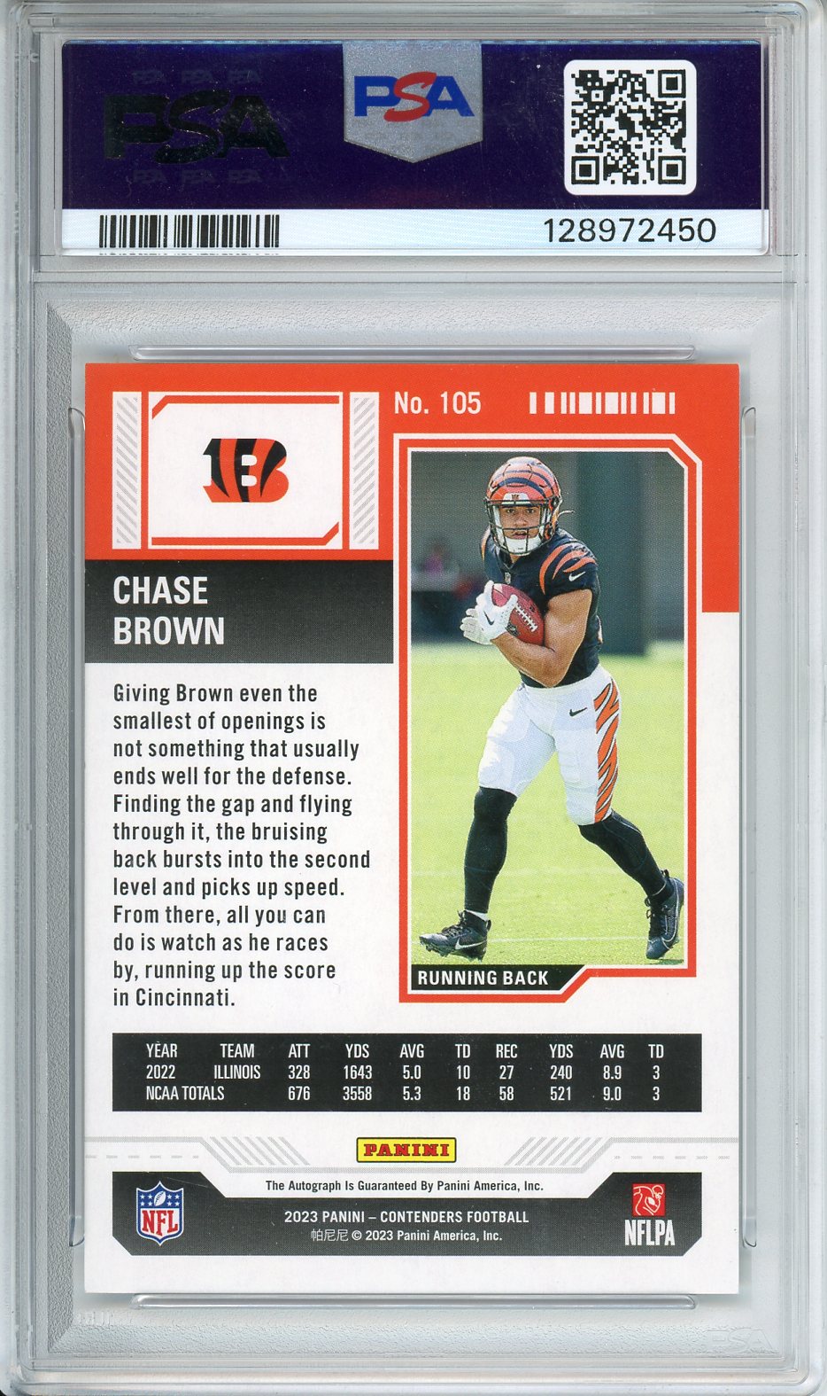 2023 Chase Brown Contenders Football Rookie Ticket Auto Cracked Ice 05/23 PSA 10