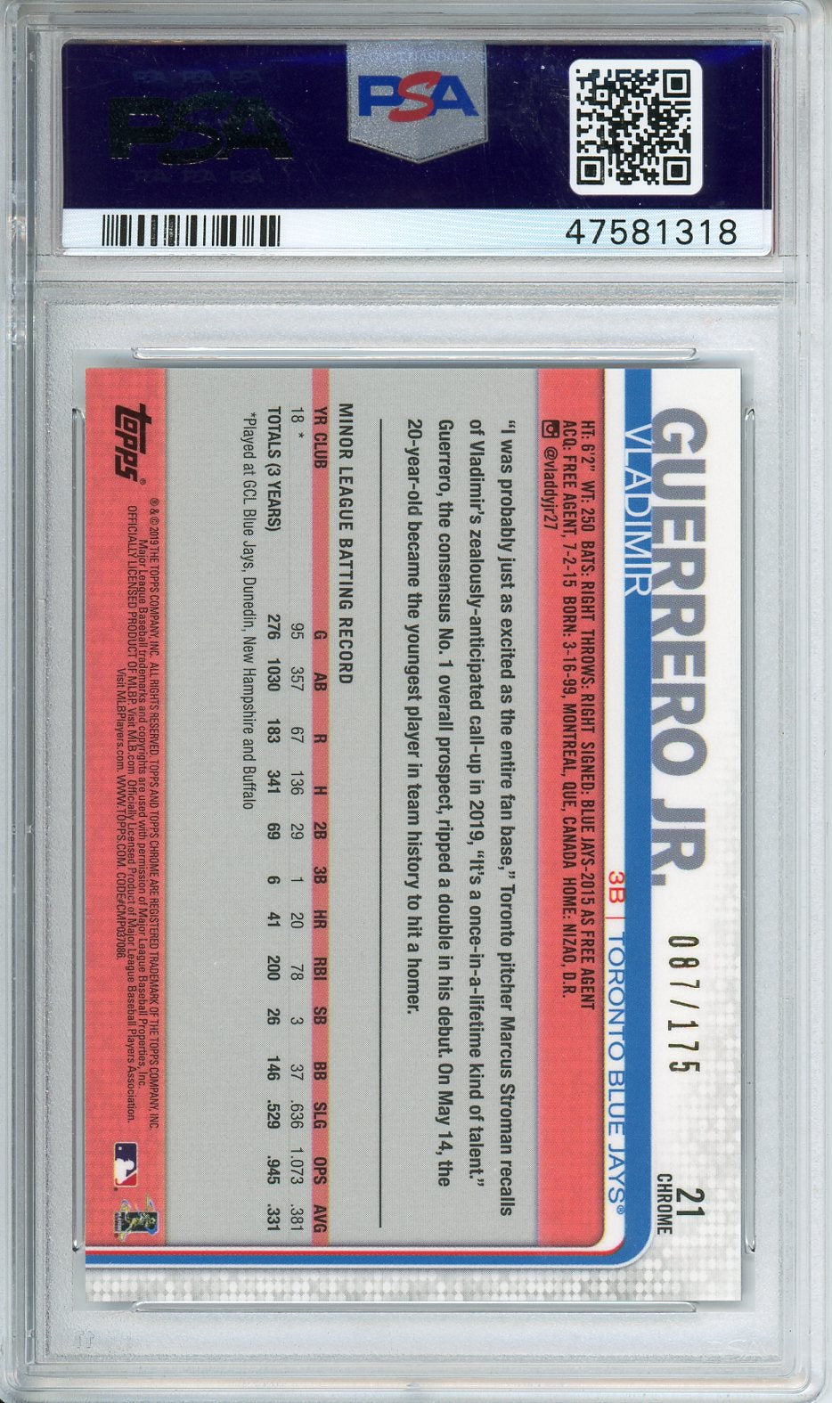 2019 Vladimir Guerrero JR. Topps Chrome Baseball Rookie Purple 087/175 PSA 10