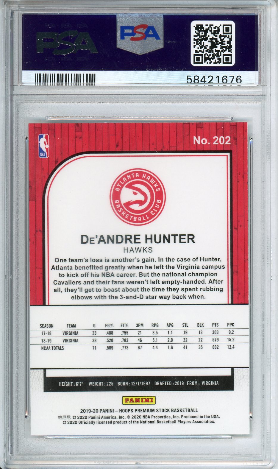 2019 Hoops Premium Stock De'Andre Hunter #202 PSA 10