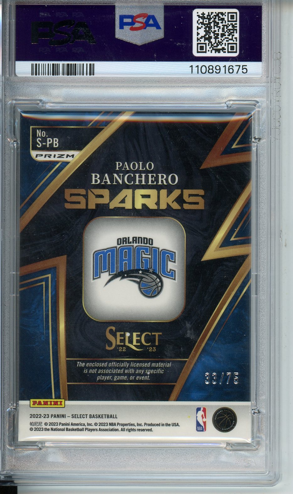 2022 Select Paolo Banchero Sparks Relics - Blue #SPB PSA 9