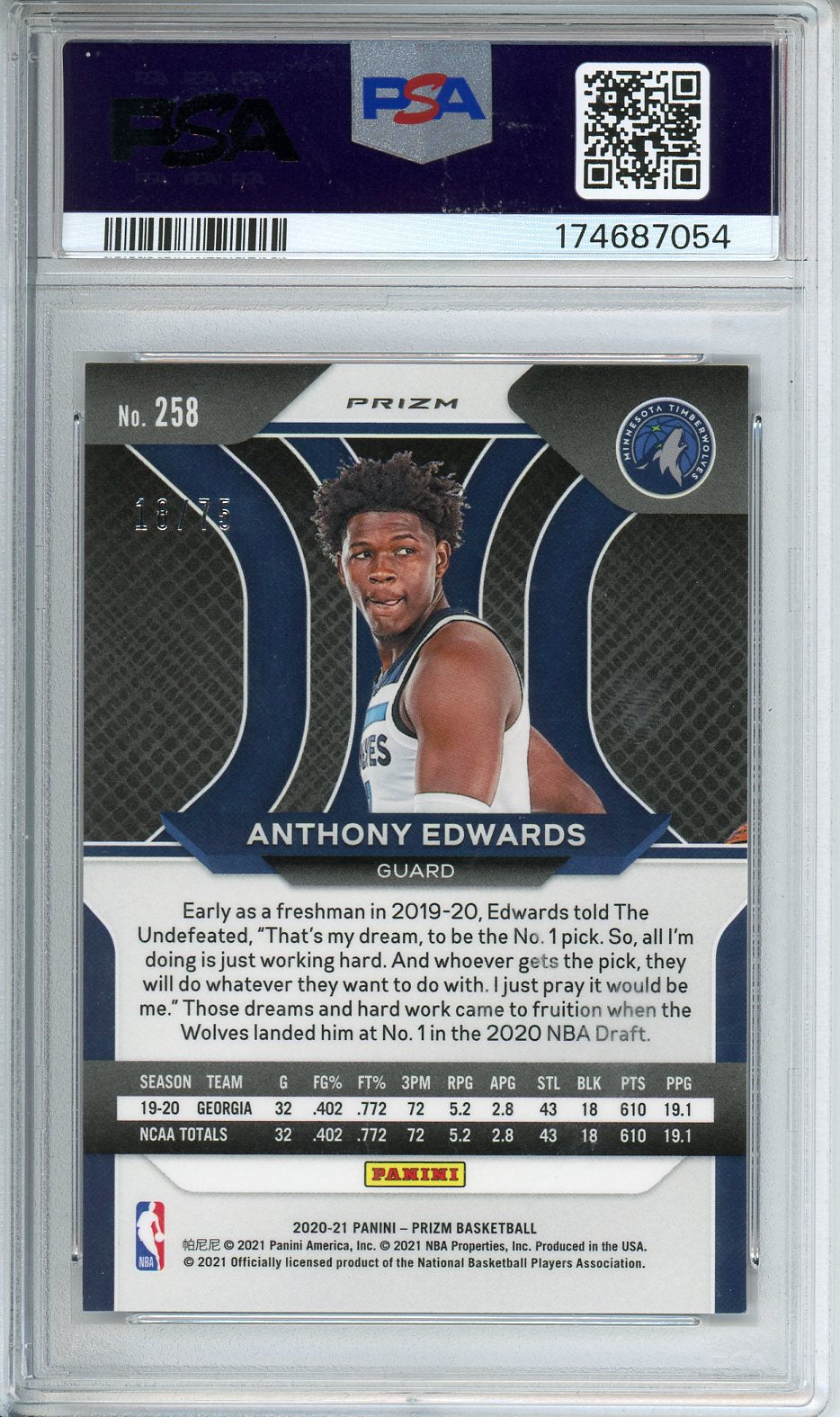 2020 Panini Prizm Anthony Edwards Fast Break Prizm - Purple #258 PSA 8
