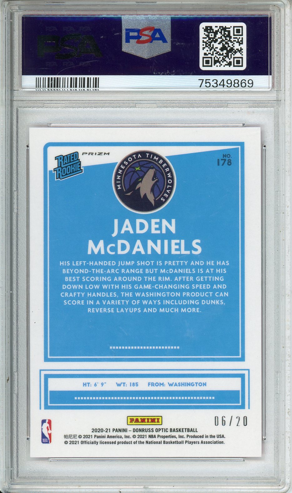 2020 Donruss Optic Jaden McDaniels Fast Break Pink #178 PSA 9