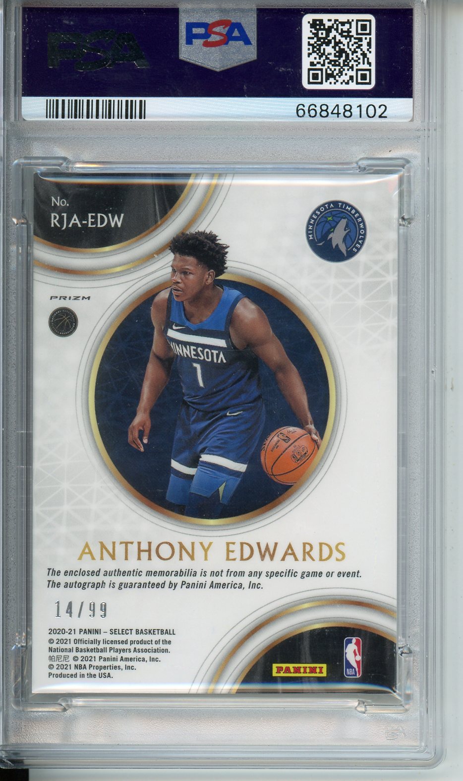 2020 Panini Select Anthony Edwards RKE.JS.AU - Purple Prizm #EDW PSA 9