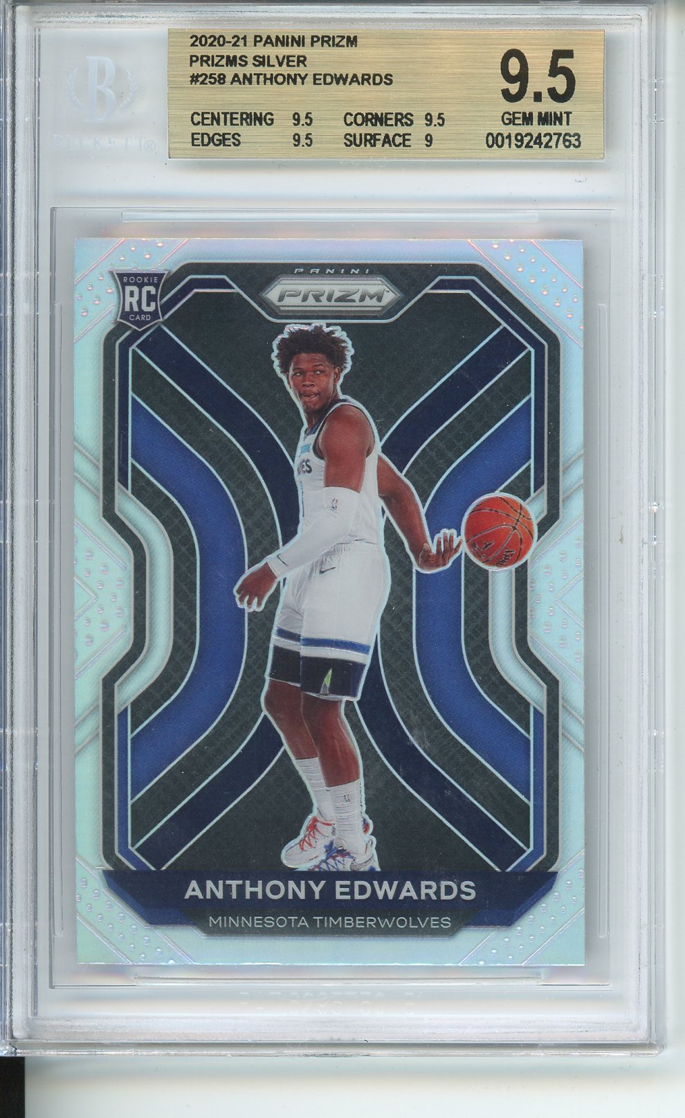 2020 - 2021 Panini Prizm Prizms Silver #258 Anthony Edwards Beckett 9.5