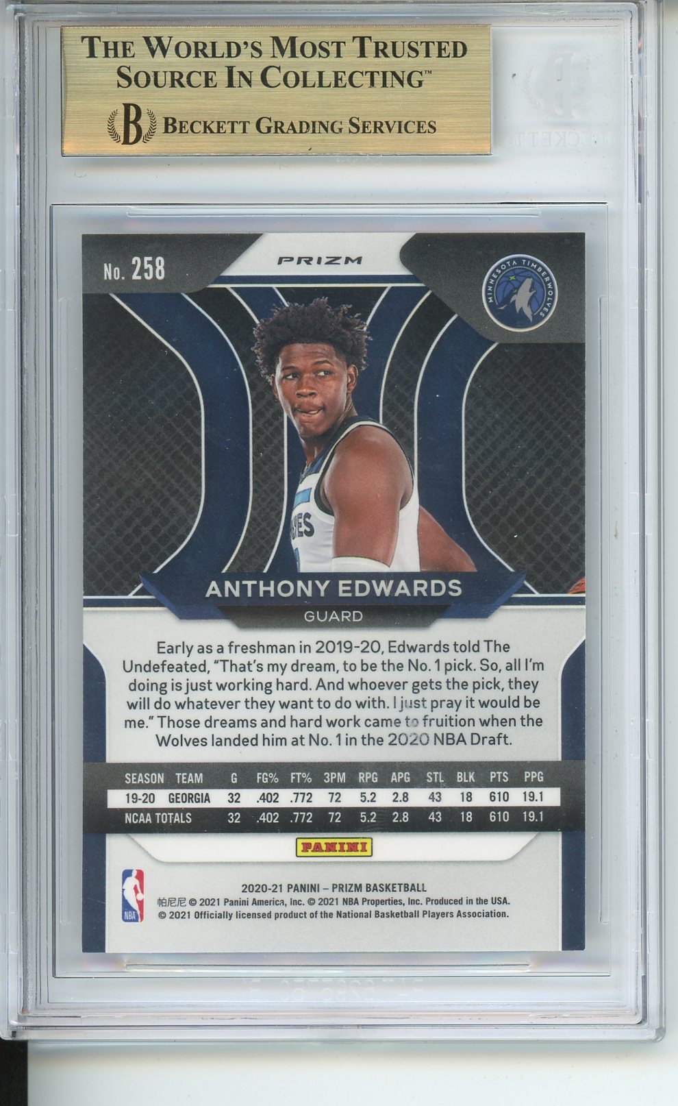 2020 - 2021 Panini Prizm Prizms Silver #258 Anthony Edwards Beckett 9.5