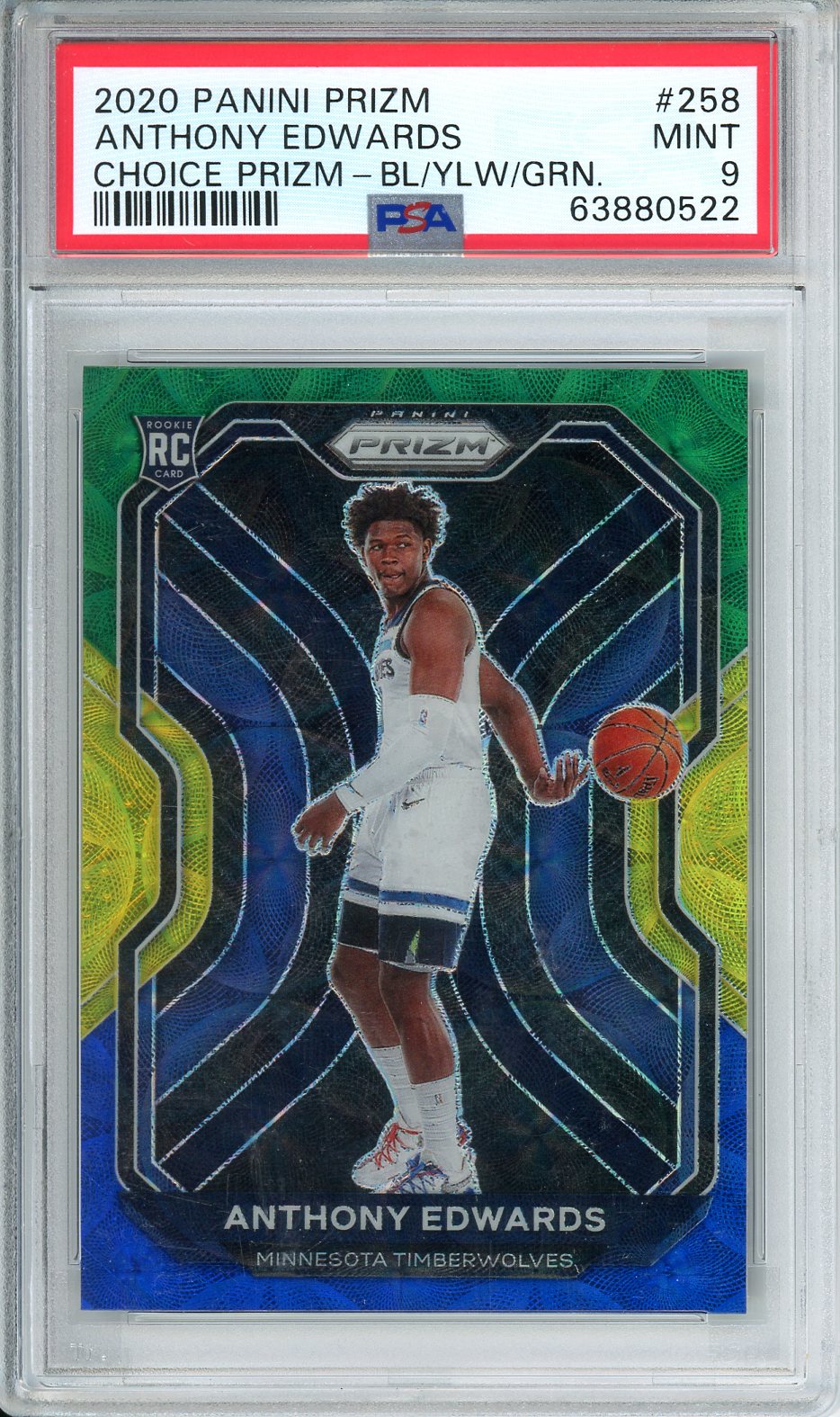 2020 Panini Prizm Anthony Edwards Choice Prizm - BL / YLW / GRN. #258 PSA 9