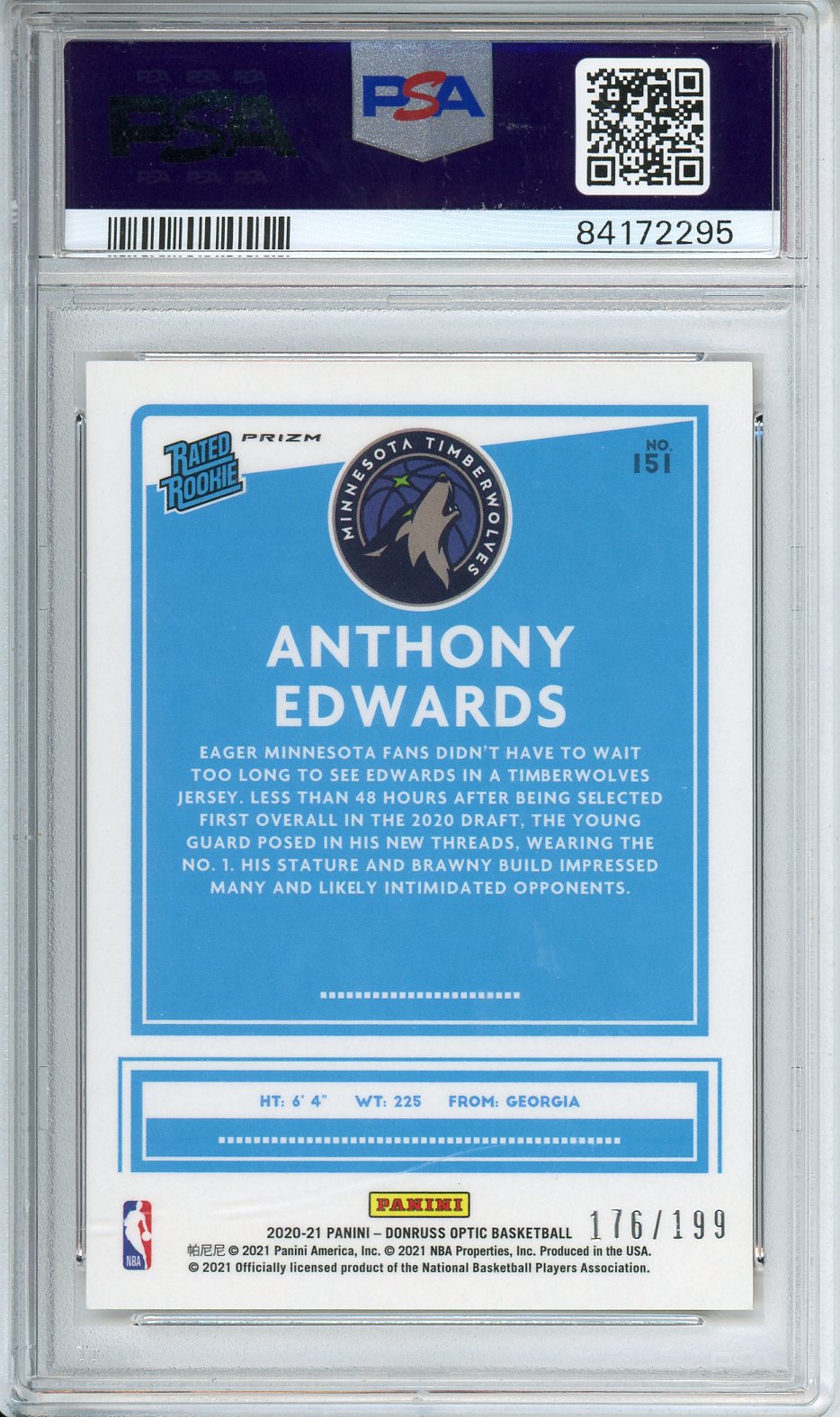 2020 Donruss Optic Anthony Edwards Orange #151 PSA 9