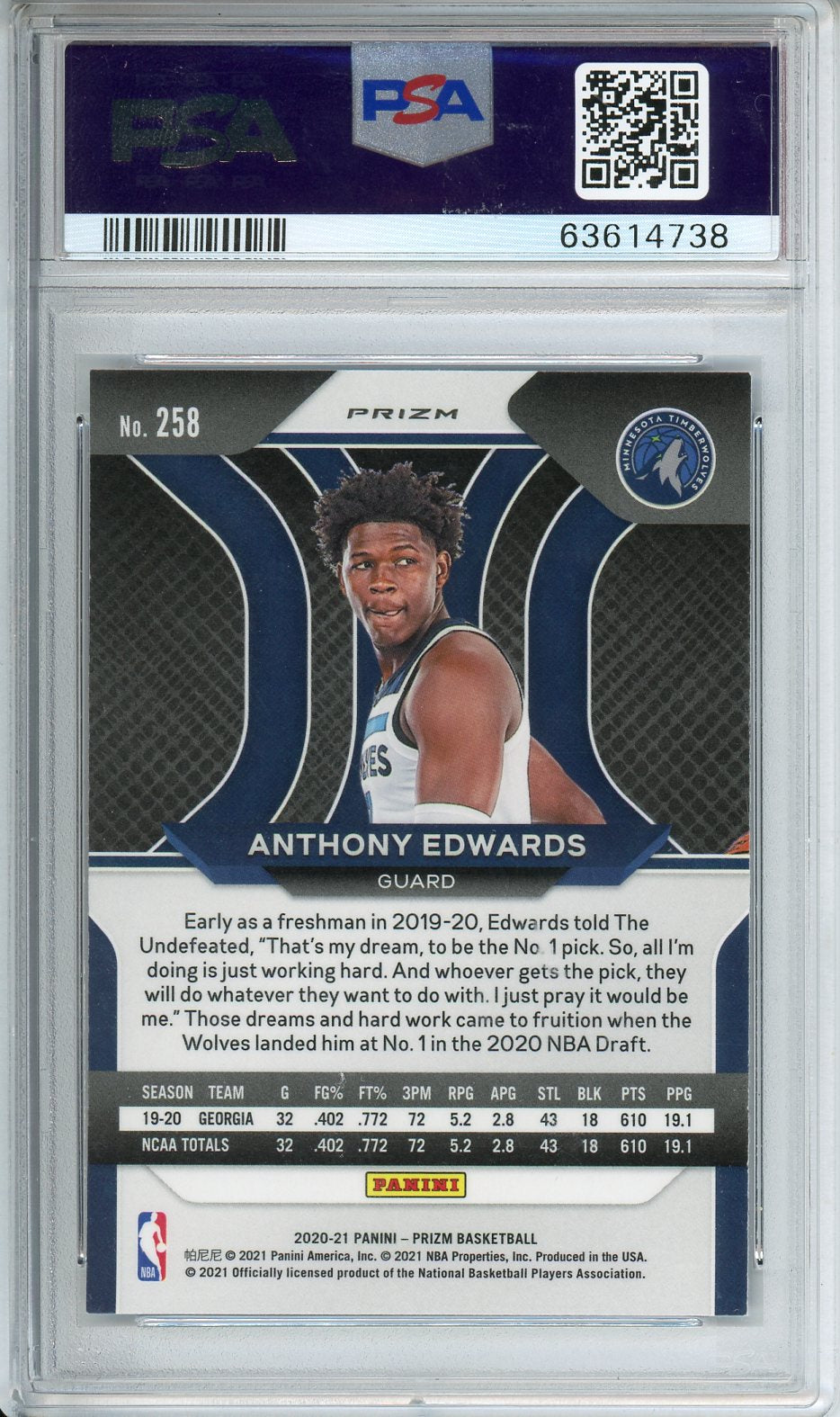 2020 Panini Prizm Anthony Edwards Blue Wave Prizm #258 PSA 9