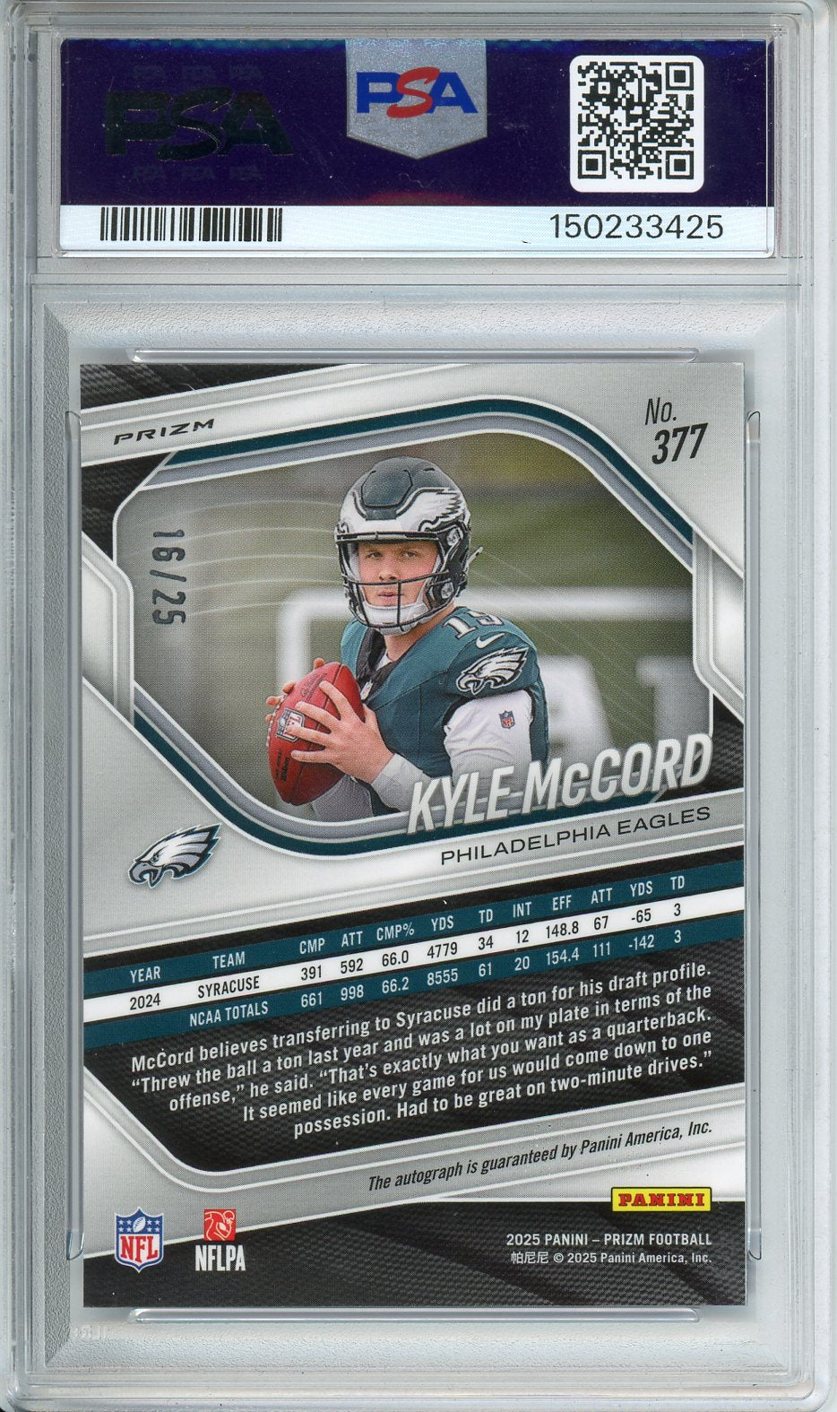 2025 Prizm Kyle McCord Autograph-Blue-Shimmer #377 PSA 10