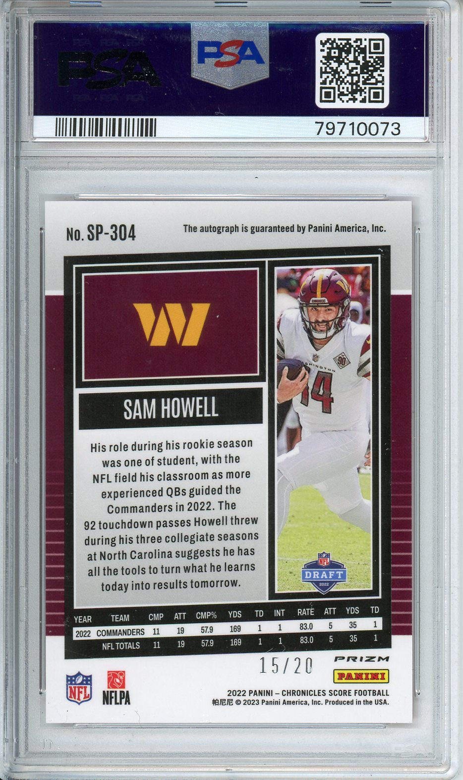 2022 Chronicles Score Sam Howell SP Rookie UPD - Sig - Red Zone #SP304 PSA 10