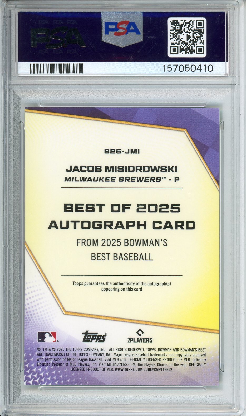 2025 Bowman's Best Jacob Misiorowski Best Of 2025 Auto - Green REF #B25-JMI PSA 9