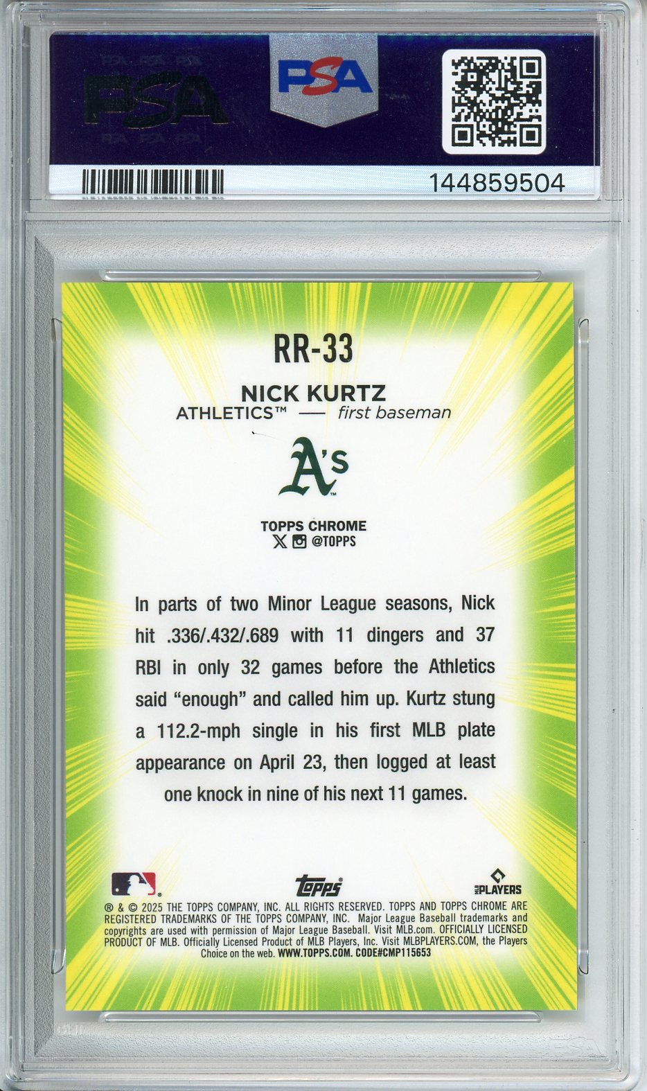 2025 Topps Chrome UPD Nick Kurtz Radiating Rookies #33 PSA 10