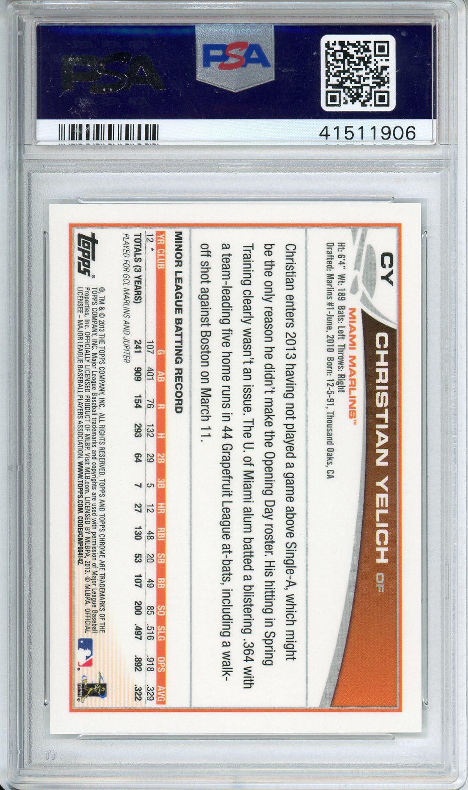 2013 Topps Chrome Christian Yelich Rookie Autograph #CY PSA 10