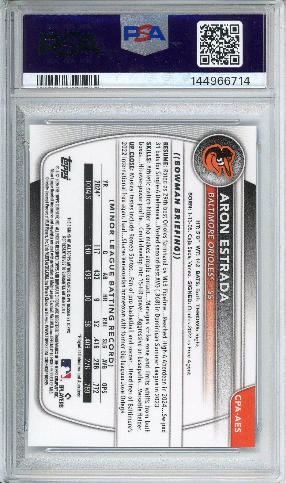 2025 Bowman Aron Estrada CHR PROS AU-BLUE X-Fractor #CPAAES PSA 10