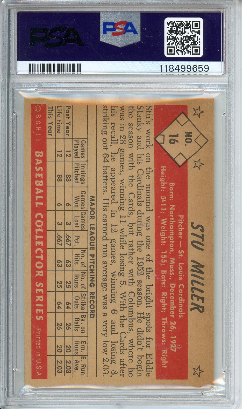 1953 Bowman B & W Stu Miller #16 PSA 5