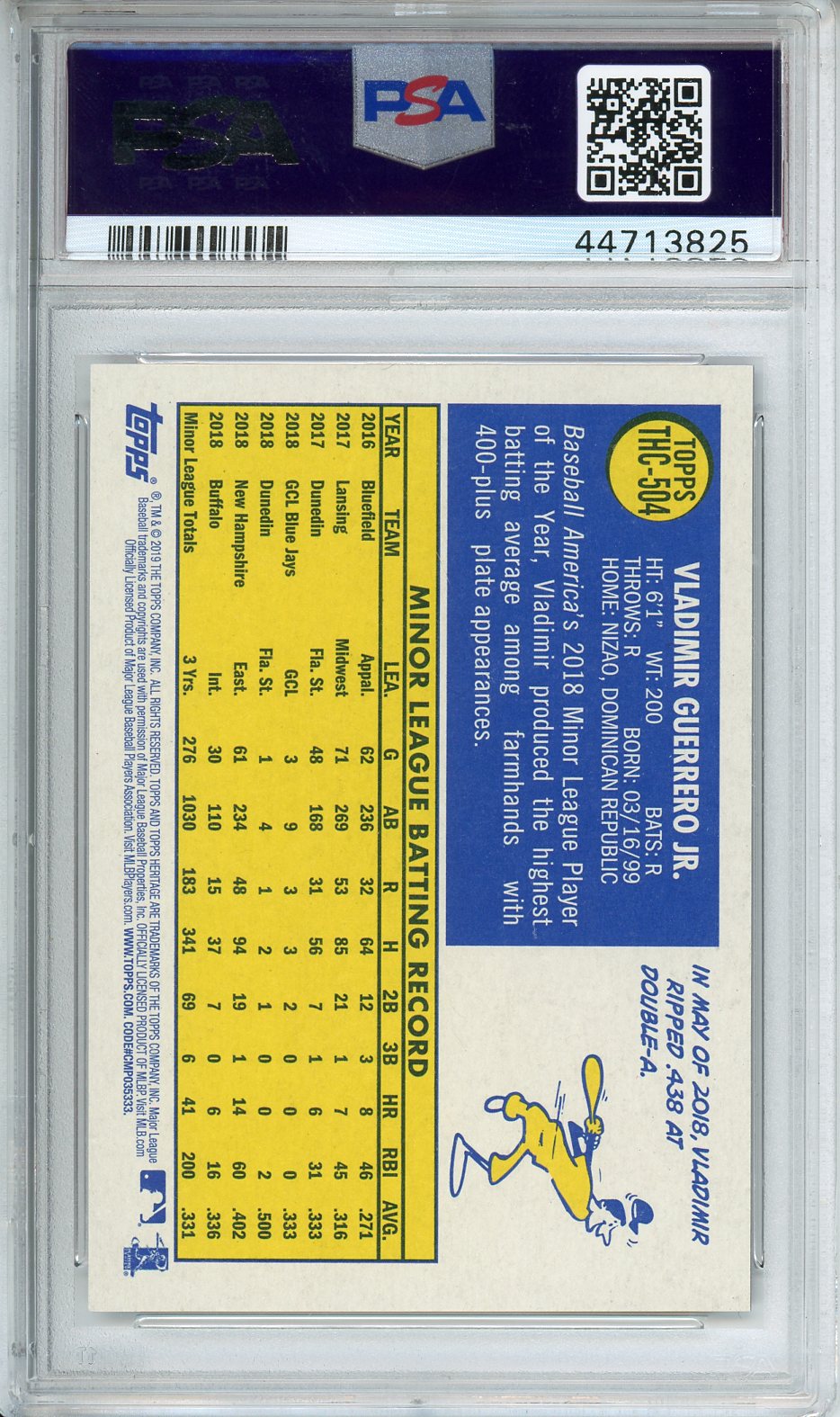 2019 Topps Heritage Vladimir Guerrero Jr. Chrome-Purple REF. #504 PSA 10