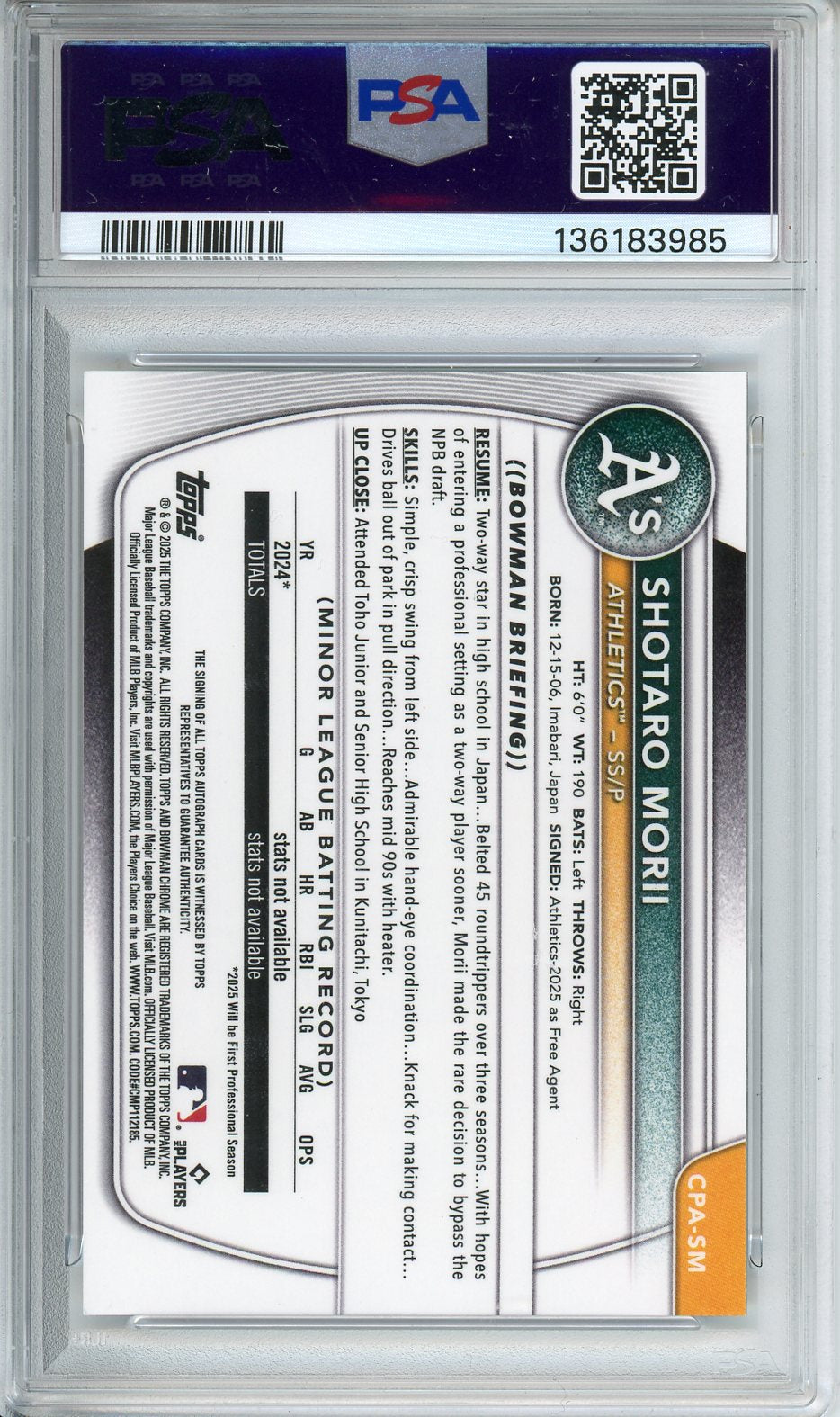 2025 Bowman Shotaro Morii Chrome Prospect Autograph #CPASM PSA 9