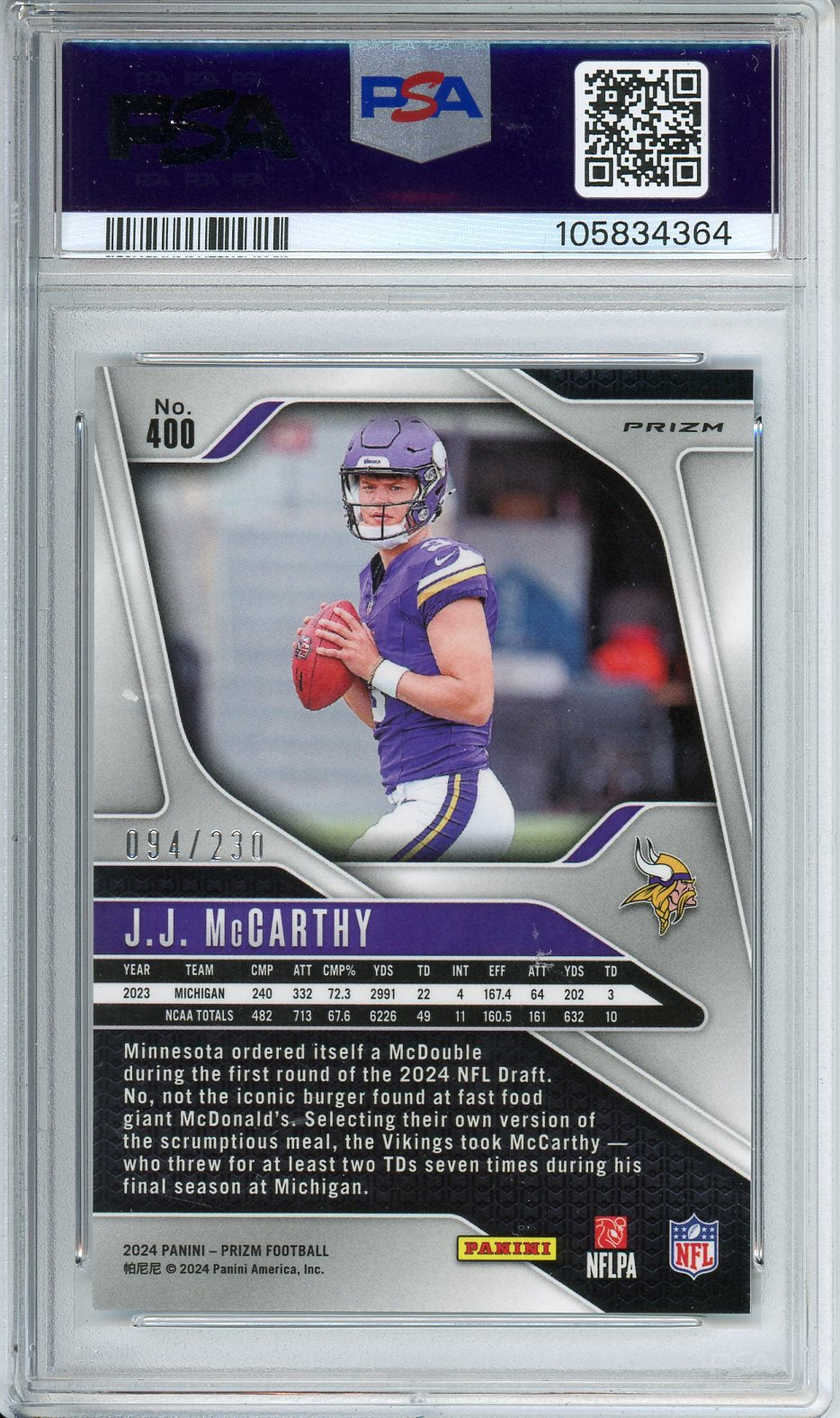 2024 Prizm JJ McCarthy Blue Wave #400 PSA 9